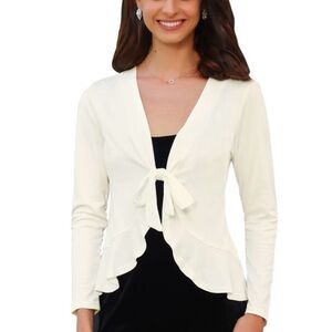 NWT Women’s Tie Open Front Long Sleeve Knit Ruffled White Cardigan Size Large